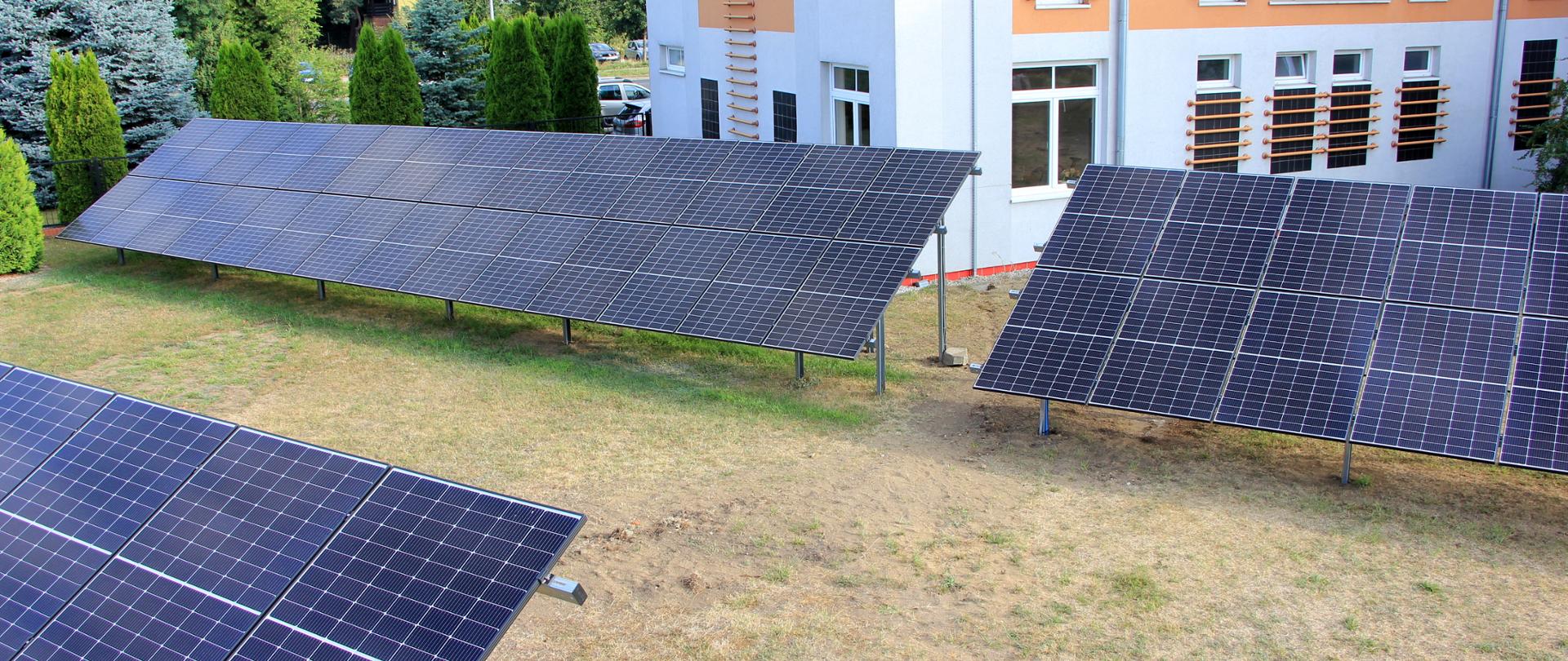 Panele fotowoltaiczne ustawione na gruncie.