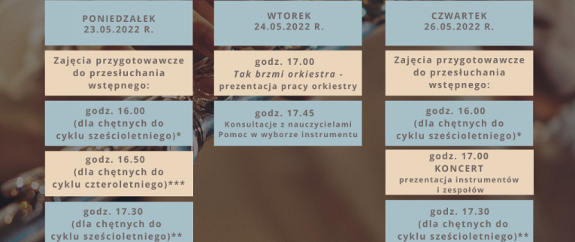 Plakat w kolorze brązowym z beżowym napisem u góry zapraszamy na dni otwarte szkoły oraz kafelkami w których znajdują się informacje dotyczące dnia, godziny oraz rodzaju zajęć dla chętnych