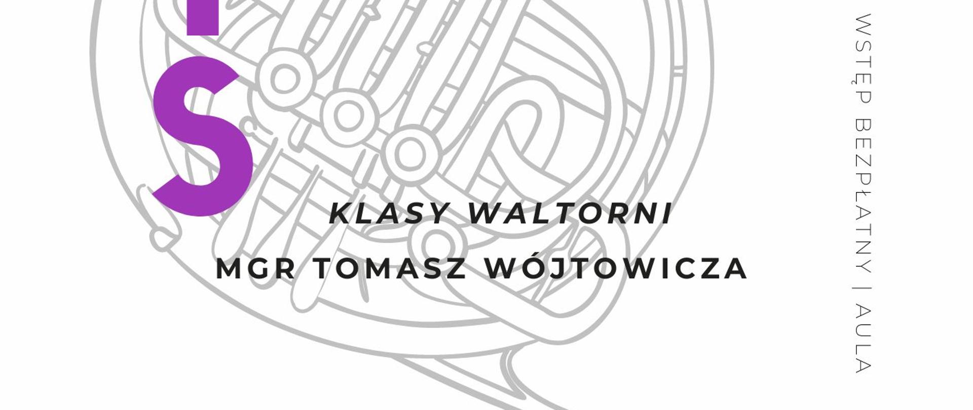 Plakat informacyjny dotyczący popisu klasy waltorni odbywającego się w dniu 17.04.2024 r. o godz. 17.30.