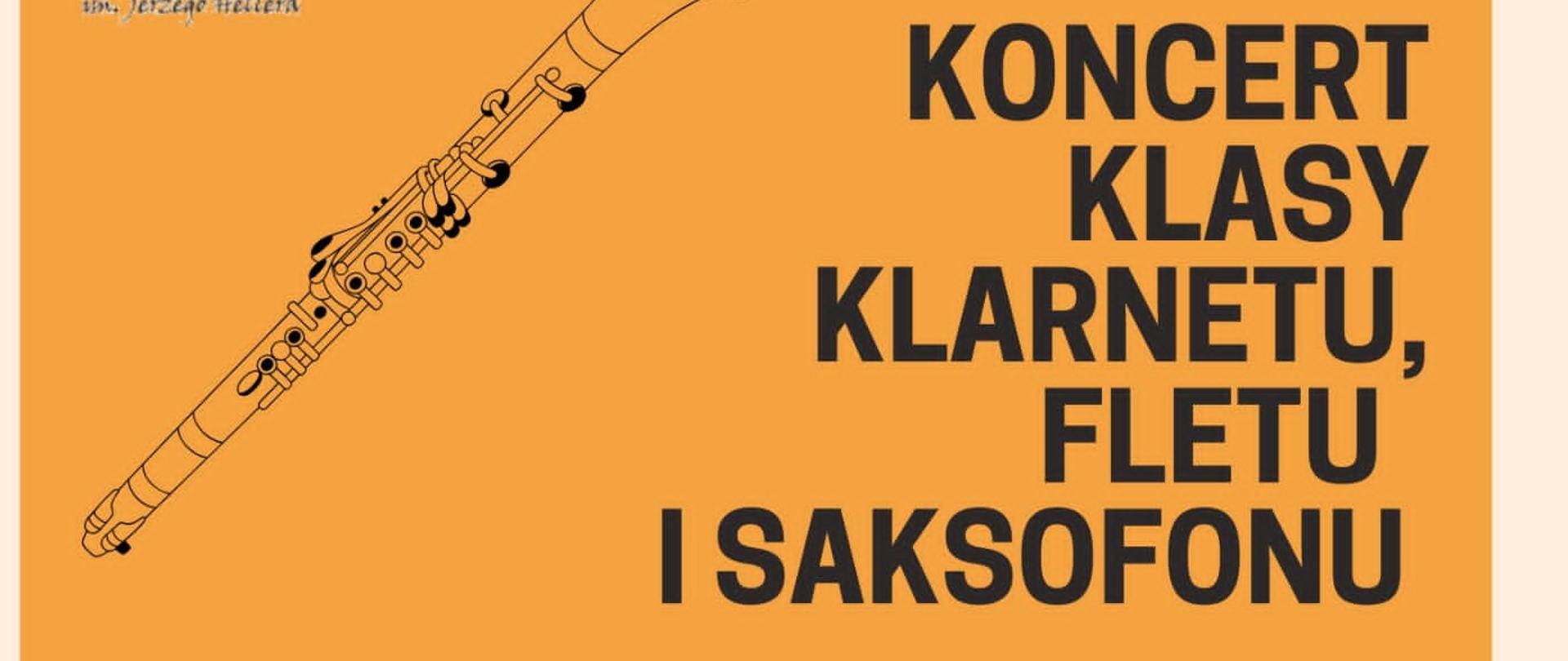 Dwukolorowy na górze prostokąt pomarańczowy pod spodem ciemnoczerwony u góry w lewym górnym rogu logo szkoły oraz grafika przedstawiająca klarnet pomarańczowy napis koncert klasy klarnetów netu i saksofonu poniżej grafika przedstawiająca flet prostokąt czerwony grafika przedstawiająca saksofon biały napis państwa Szkoła Muzyczna I Stopnia mniejszego cholera w Głuchołazach zaprasza na koncert 21 maja 2025 godzina 15:00