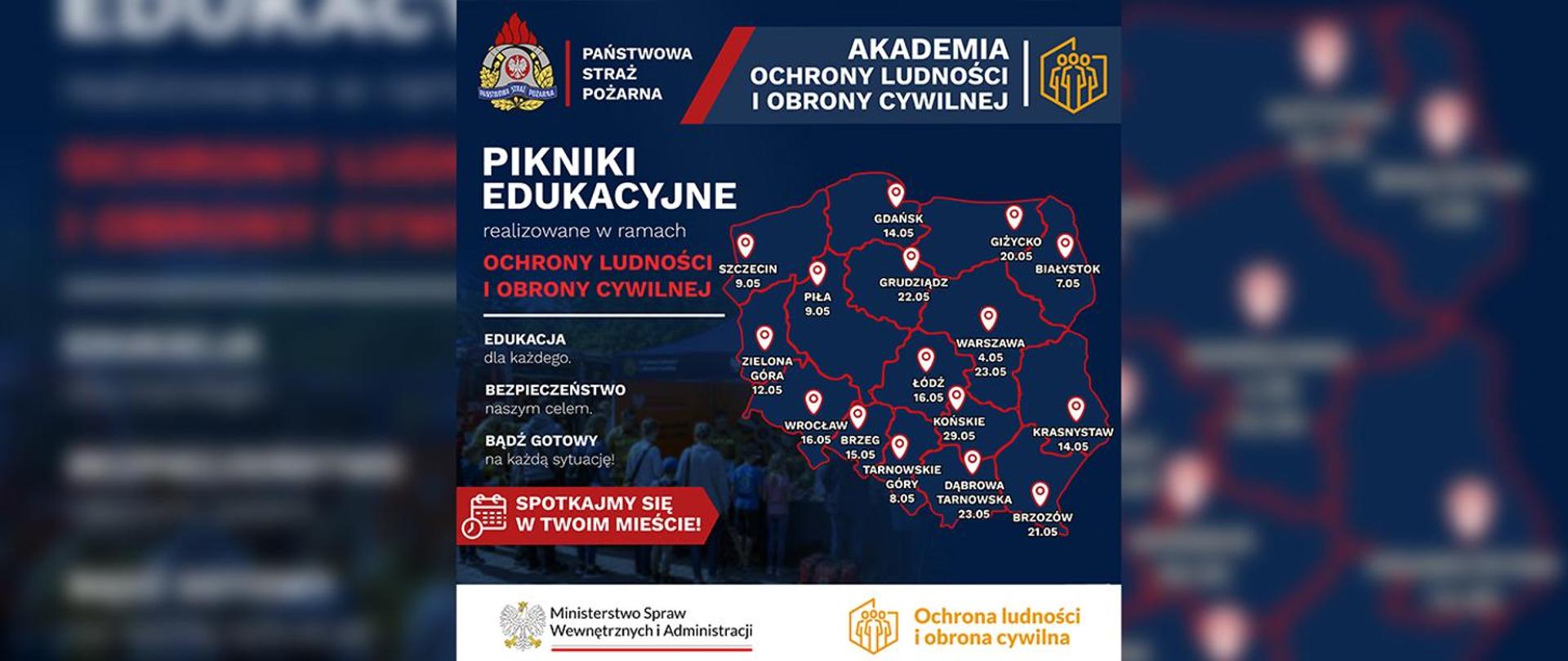 Zdjęcie przedstawia mapę z umiejscowieniem Pikników Akademii Ochrony Ludności i Obrony Cywilnej na niebieskim tle