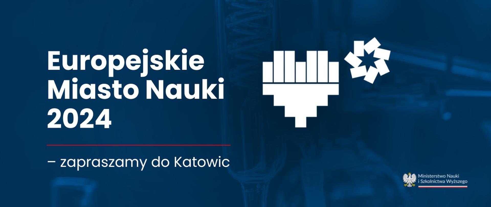 Grafika - na niebieskim tle napis Europejskie Miasto Nauki 2024.