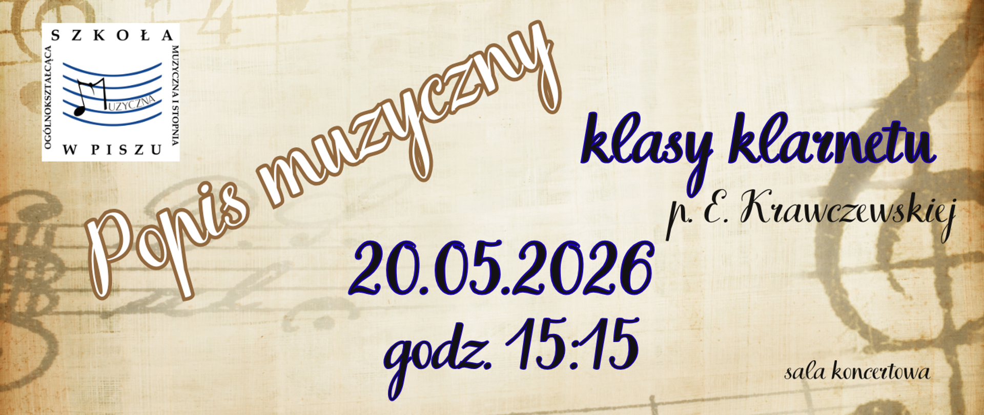 Na kolorowym tle z motywami nut informacja: Popis klasy klarnetu 20.05.2026r., godz. 15.15