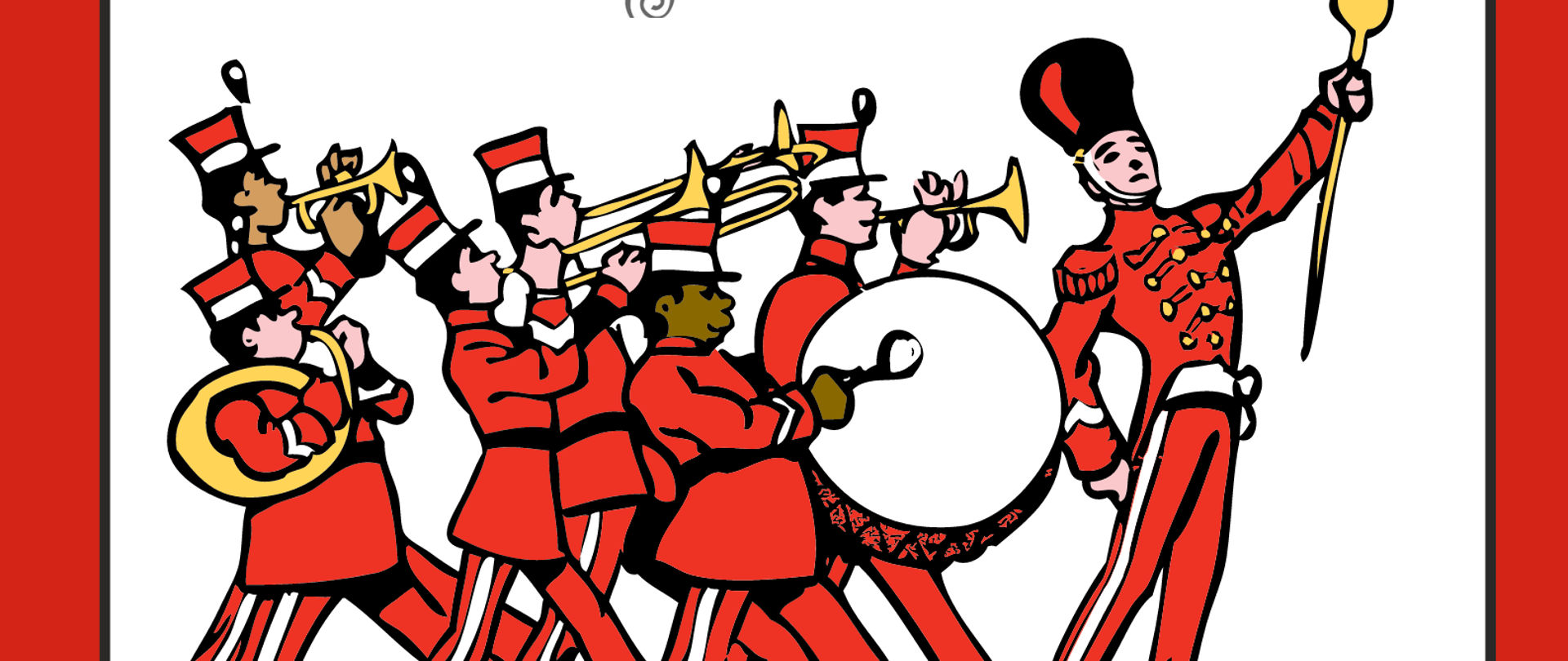 Na białym tle plakatu maszerująca w mundurach orkiestra wojskowa grająca na instrumentach, czarne napisy informujące o koncercie., wokół plakatu ramka w kolorze czerwonym. Po środku plakatu umieszczone jest logo szkoły i Miejskiego Domu Kultury.