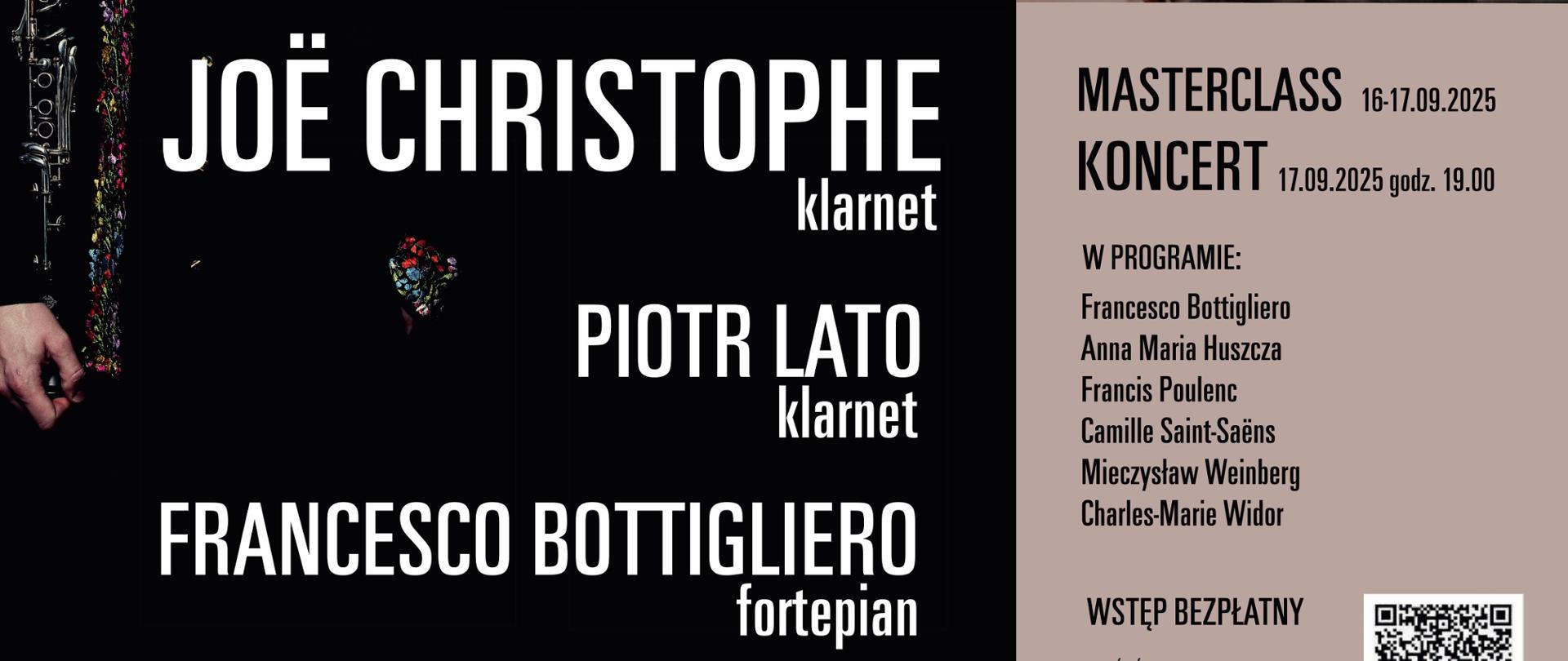 Plakat informacyjny dotyczący koncertu "Clarinettissimo" odbywającego się w dniu 17.09.2025 o godz. 19.00.