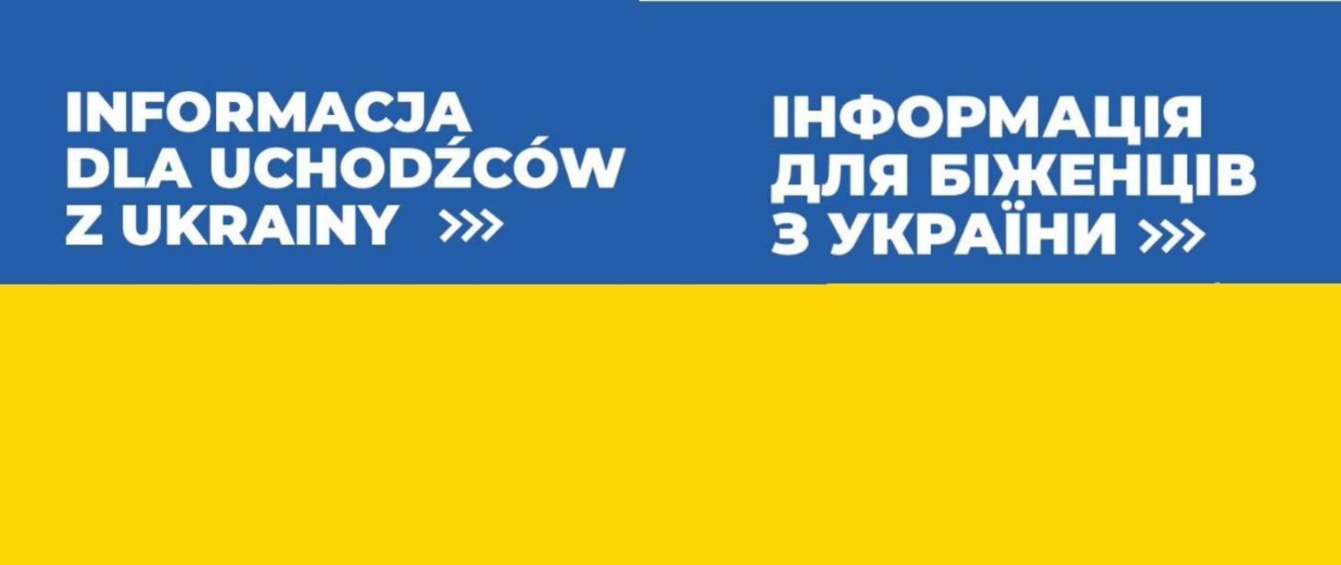 Na tle niebiesko-żółtej flagi Ukrainy napis informacja dla uchodźców z Ukrainy w języku polskim i ukraińskim.
