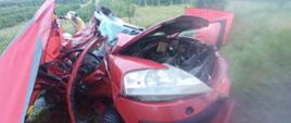 Zdjęcie przedstawia wrak rozbitego samochodu osobowego