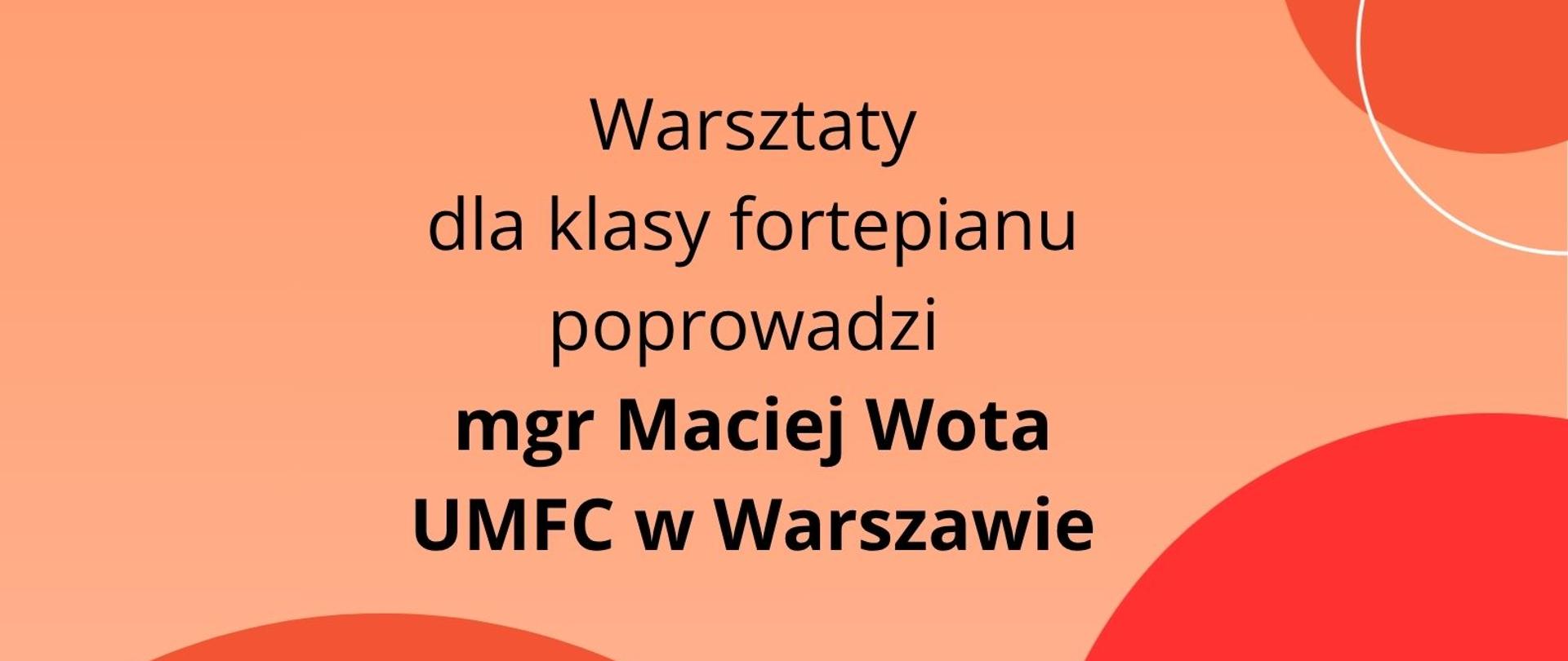 Pomarańczowo-różowy plakat, kolorowe koła, fotografia mężczyzny w ciemnych barwach.