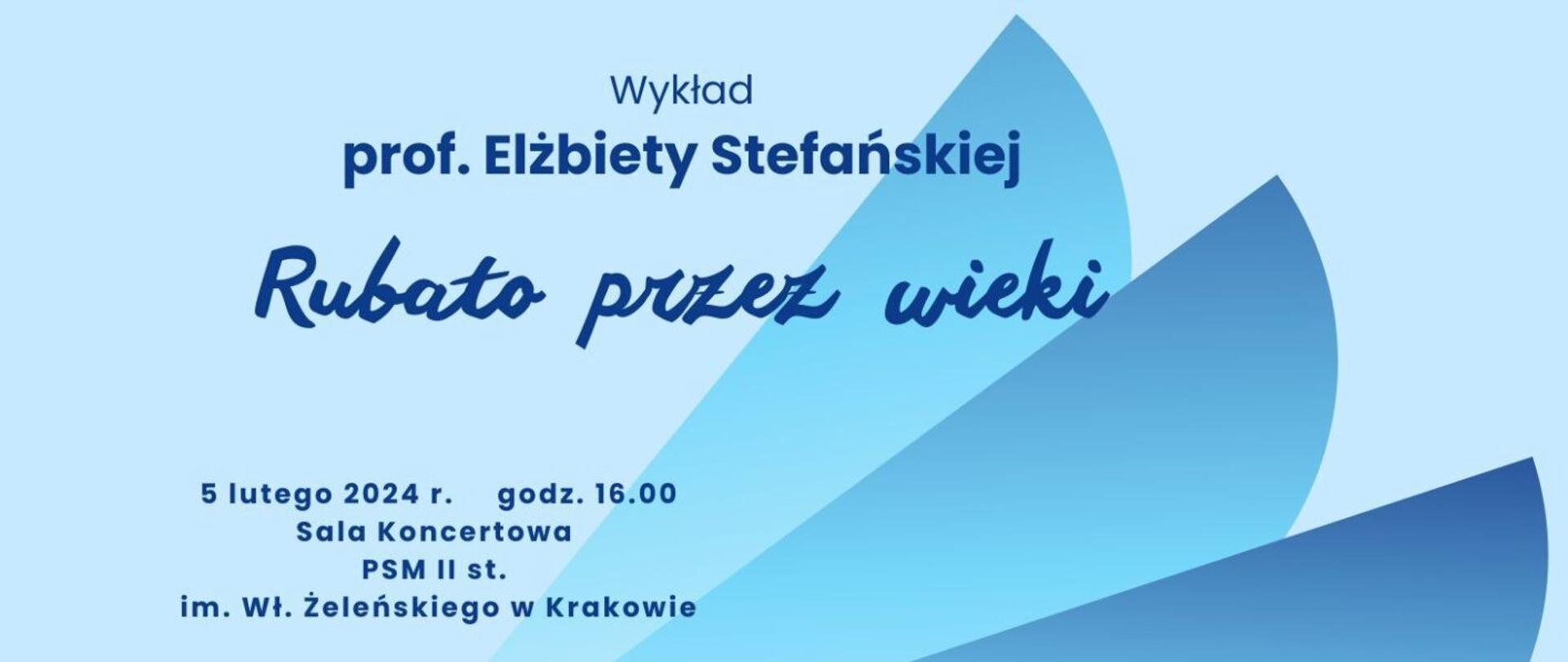 na niebieskim gradientowym tle nachodzące na siebie półkola, na środku tytuł wykładu, a w lewym dolnym rogu napis informujący o dacie koncertu