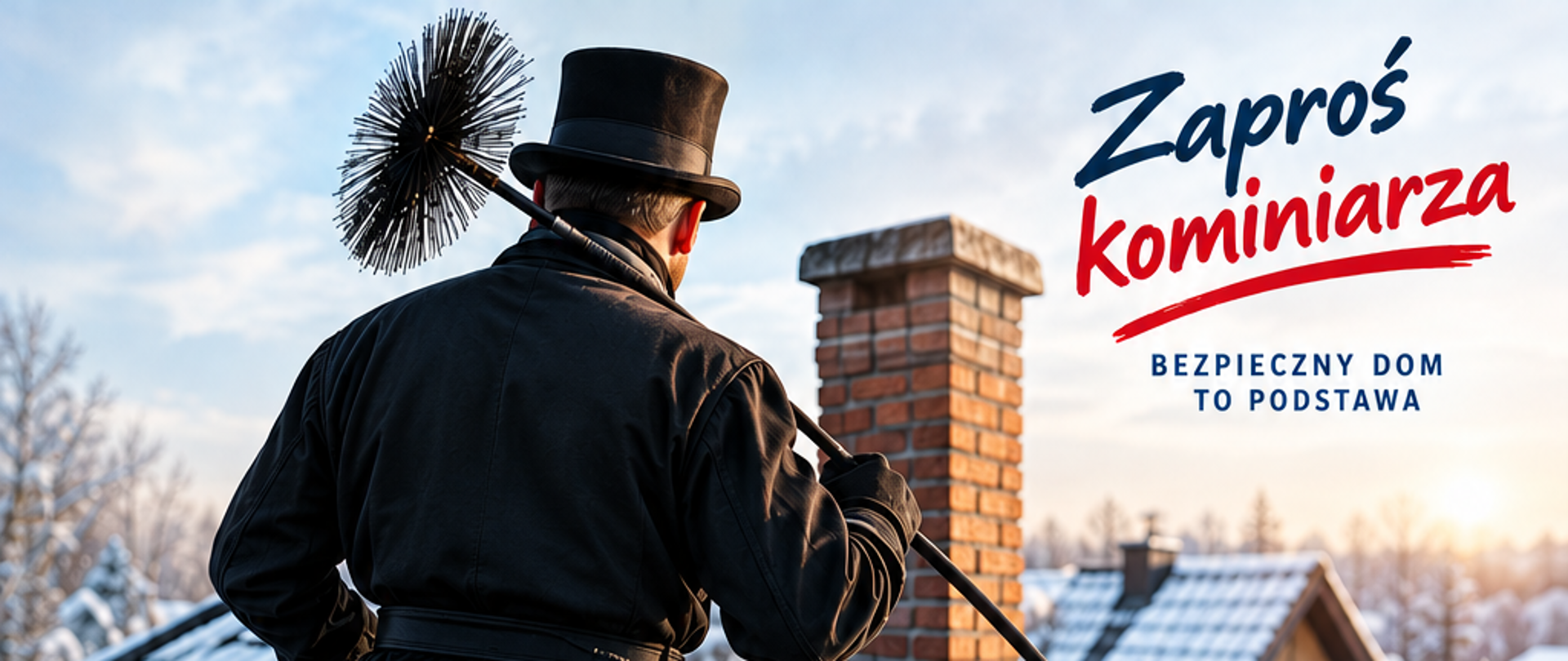 Grafika przedstawiająca komunikat prezesa Krajowej Izby Kominiarzy. Kominiarz stoi przed kominem. Pozostała część grafiki dotyczy wytycznych z komunikatu.