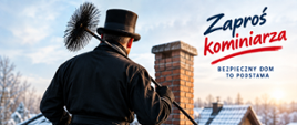 Grafika przedstawiająca komunikat prezesa Krajowej Izby Kominiarzy. Kominiarz stoi przed kominem. Pozostała część grafiki dotyczy wytycznych z komunikatu.