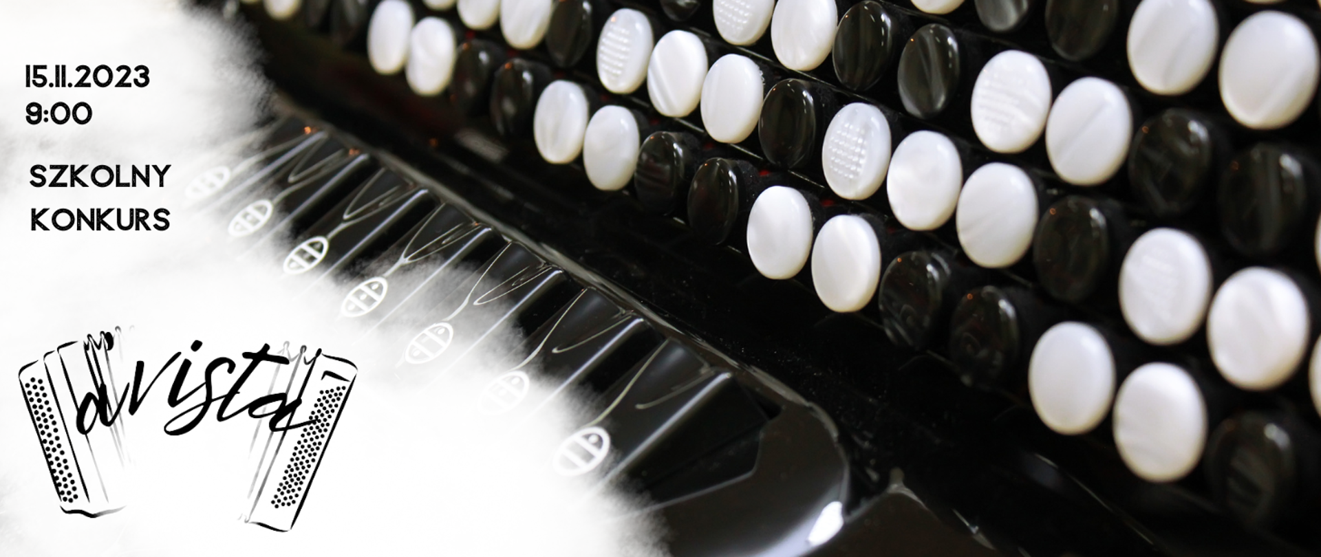 Na tle zdjęcia akordeonu guzikowego informacja o szkolnym konkursie czytania a vista klasy akordeonu 15.11.2023r. godz. 9.00