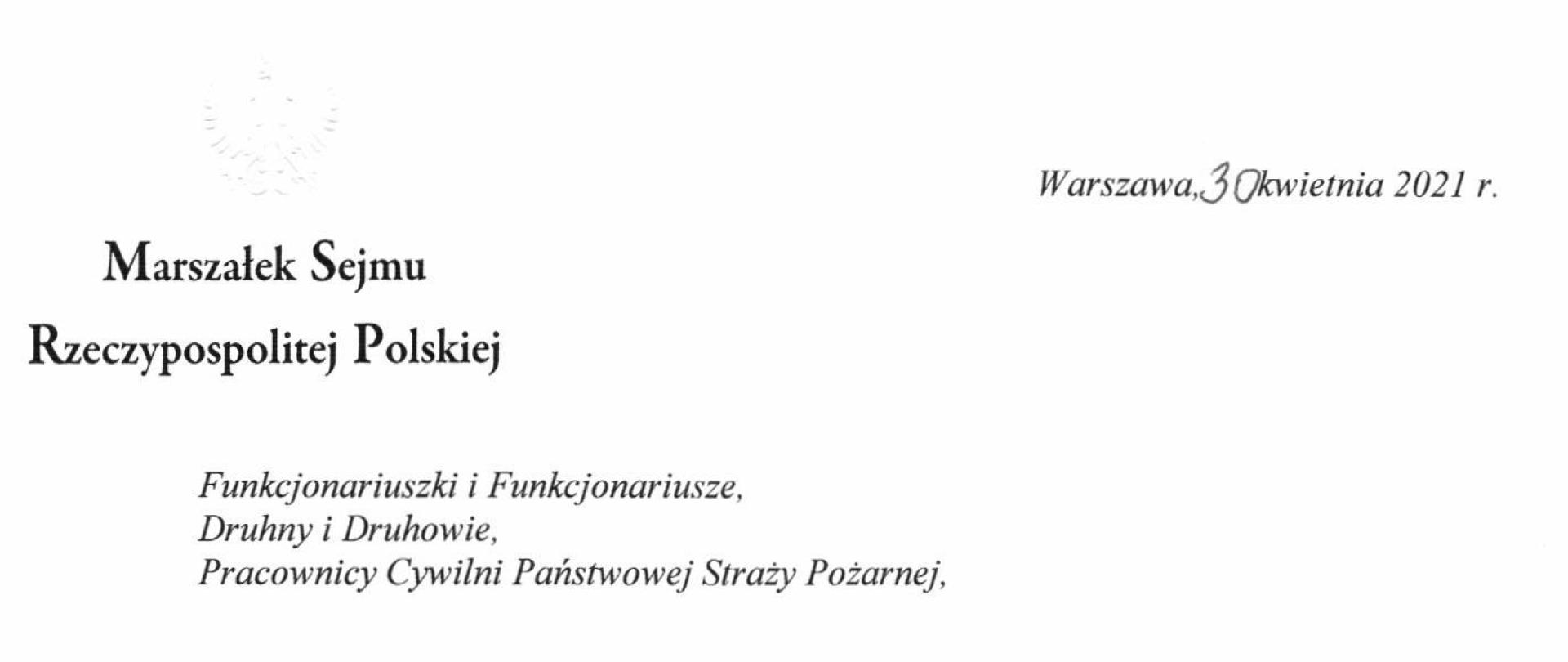 Życzenia Marszałek Sejmu z okazji Dnia Strażaka napisane czarnym drukiem na białym tle.