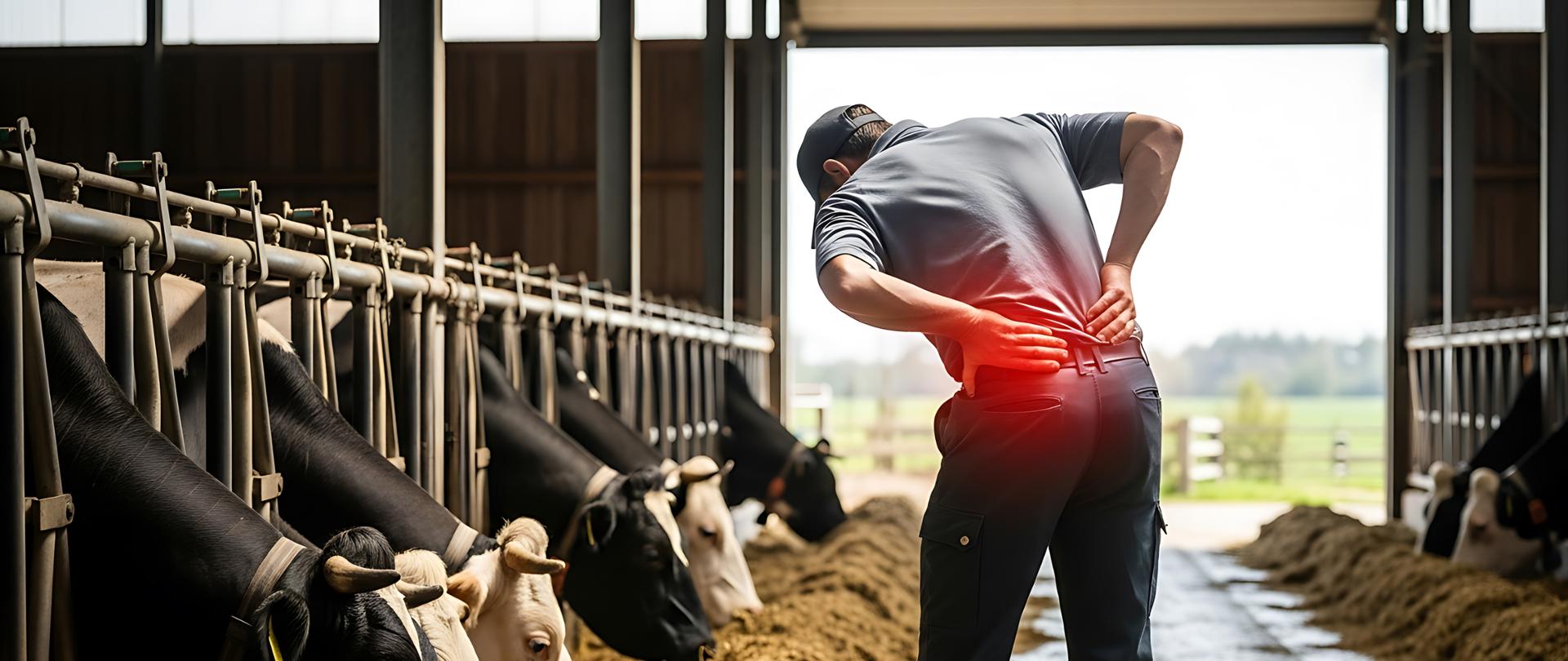 mężczyzna w oborze trzymający się za plecy
