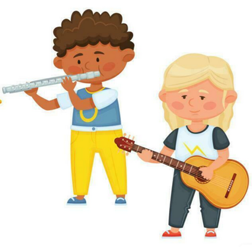 Namalowane dwoje dzieci: ciemnoskóry chłopiec o brązowych włosach w żółtych spodniach i niebieskim T-shirt'cie gra na flecie poprzecznym, pierwsza z prawej na gitarze gra na stojąco dziewczynka o blond włosach i czarnych spodniach i białej koszulce.