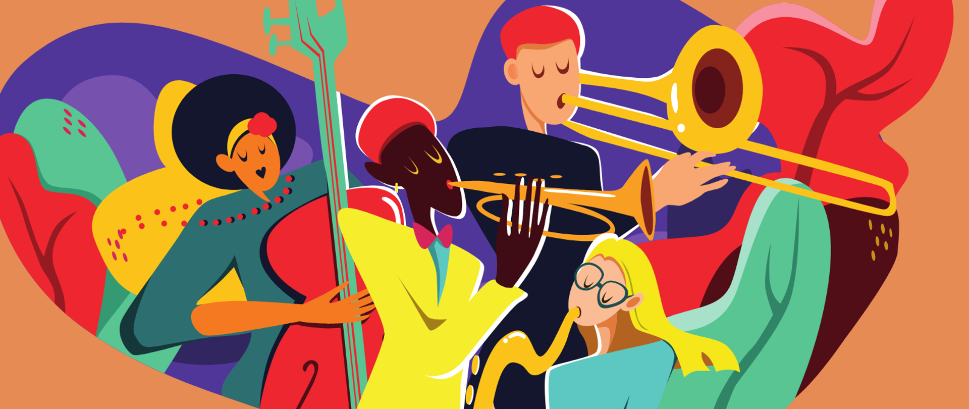 kolorowy plakat zapraszający na audycję muzyczną o muzyce jazzowej. Na pomarańczowym tle grafika przedstawiająca muzyków oraz napisy w kolorze czarnym i białym.