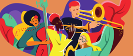 kolorowa grafika przedstawiająca muzyków jazzowych