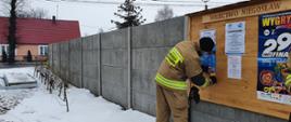 Fotografia przedstawia strażaka ochotnika w umundurowaniu specjalnym umieszczającego plakat informacyjny dotyczący szczepień na tablicy ogłoszeń sołectwa Niegosław. Tablica ogłoszeń wisi na betonowym ogrodzeniu, na ziemi leży śnieg, w tle po lewej stronie widoczny budynek mieszkalny.
