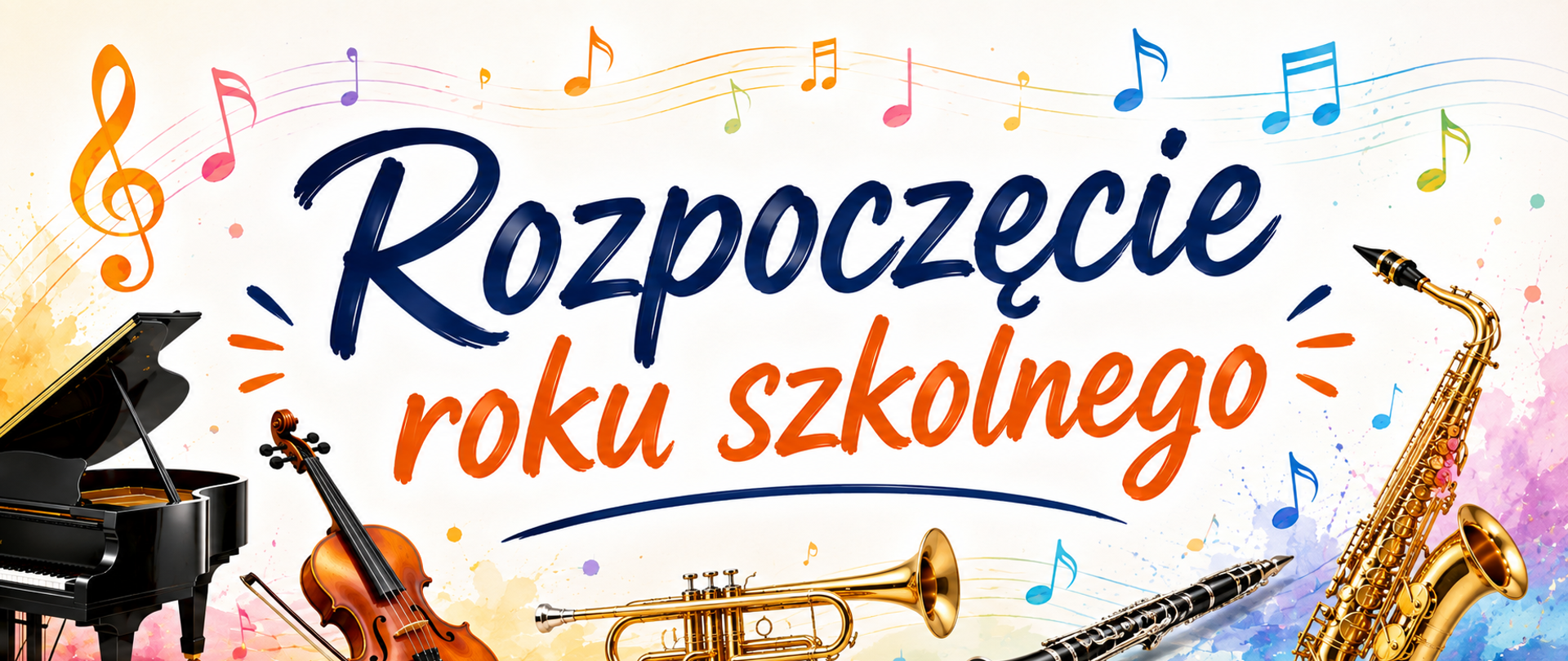 kolorowe instrumenty i napis rozpoczęcie roku szkolnego na jasnym tle