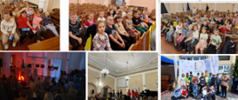 Zdjęcia wykonawców, uczniów szkół podstawowych podczas Koncertów edukacyjnych pt." Kolory instrumentów- barwy ukryte w smykach, strunach i klawiszach", w sali koncertowej szkoły.