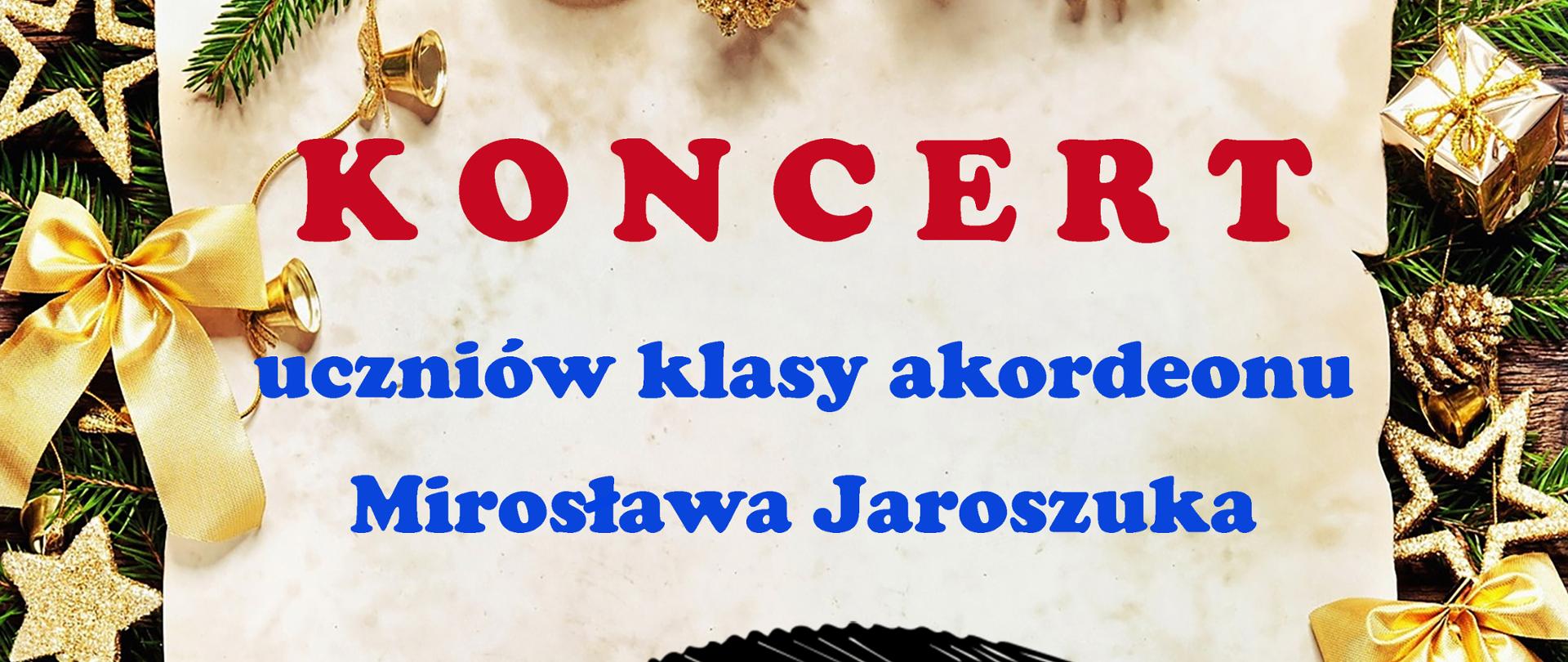 Grafika przedstawia akordeon z rozciągniętym miechem w centralnym punkcie strony. Instrument otoczony jest ozdobami choinkowymi w kolorze zielonym i złotym. W prawym górnym rogu logo Zespołu Państwowych Szkół Muzycznych w Ełku