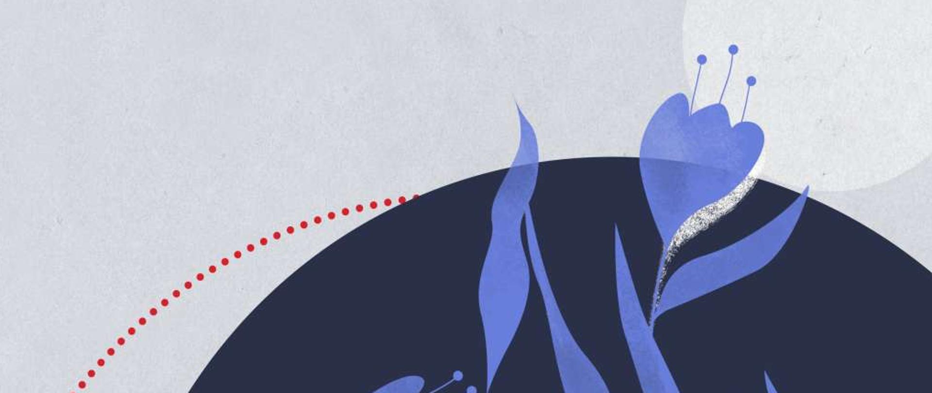 Plakat majowego koncertu Muzyka w Galerii czyli Galeria Muzyki przedstawiający granatową płytę gramofonową, na której rozsypane są fioletowe krokusy, całość znajduje się na jasnofioletowym tle