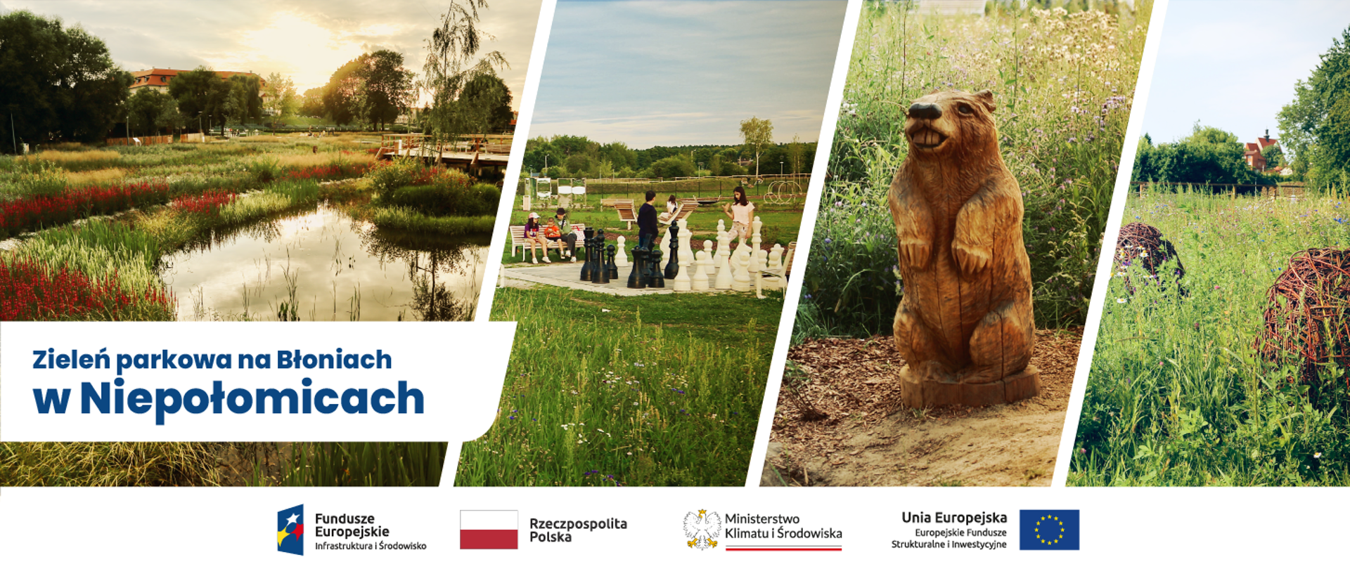 kolarz 4 zdjęć ukazujący elementy parku: na pierwszym z nich łąkę kwietną wraz z niewielkim zbiornikiem wodnym, na drugim trawiasty plac, na środku utwardzony teren z polem do gry w plenerowe duże szachy, ludzie, na trzecim rzeźba drewnianego zwierzaka, na czwartym wysoka trawa a w niej elementy z wikliny. pod zdjęciami logotypy POIS 2014-2020.