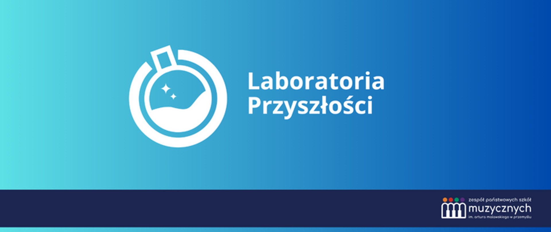 na niebieskim tle grafika i napis laboratoria przyszłości, pod spodem na granatowym pasku logo szkoły 