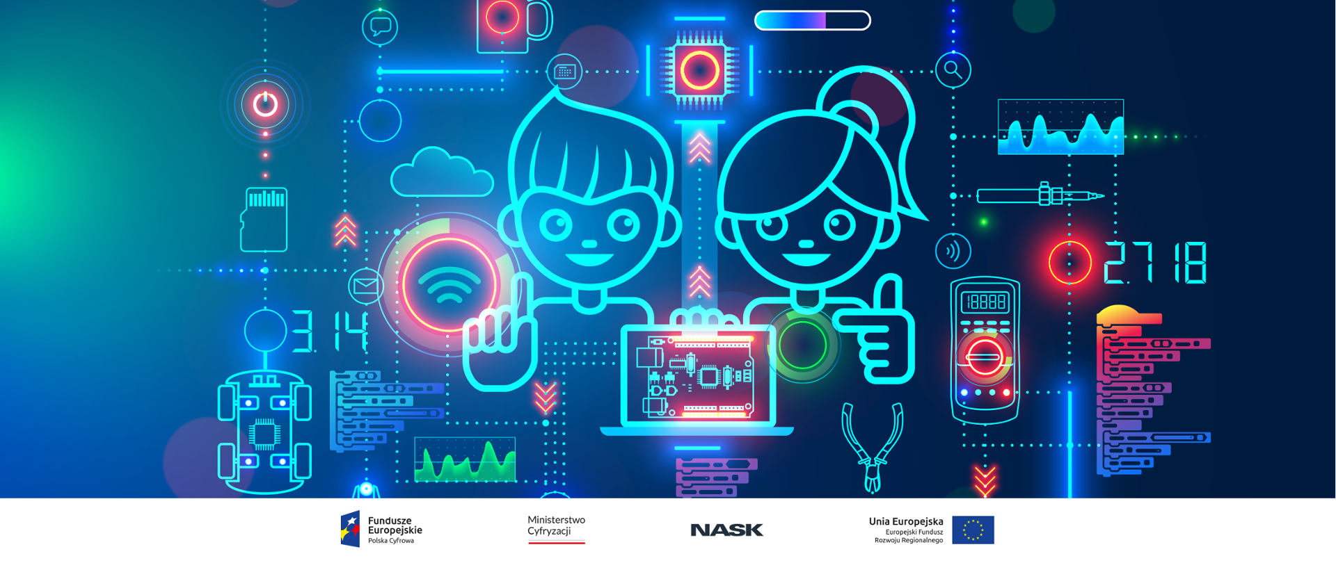 Grafika wektorowa przedstawiająca dwie postaci - chłopca i dziewczynki, w otoczeniu symboli nawiązujących do świata cyfrowego i programowania. Na dole logotypy: Fundusze Europejskie, Ministerstwo Cyfryzacji, NASK, Unia Europejska.