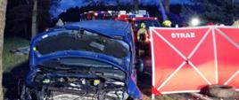 Widać niebieski uszkodzony samochód od przodu, podniesiona maska, po prawej parawan z napisem straż, za nim samochody straży pożarnej, jest ciemno