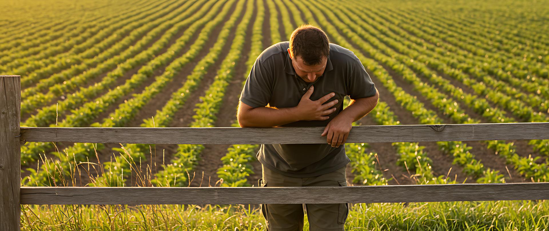 mężczyzna oparty o płot i trzymający się za serce