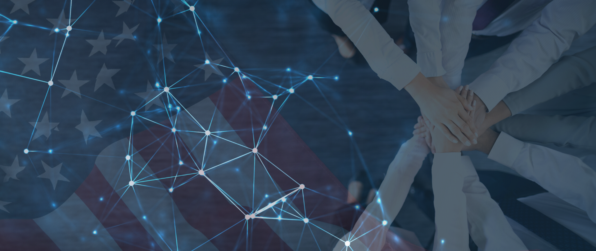 Kolaż trzech obrazów: flagi USA, grupy ludzi kładących dłoń na dłoni oraz symbolicznego schematu sieci powiązań.