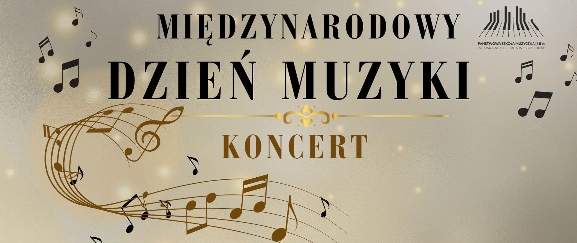 Plakat koncertowy z okazji Międzynarodowego Dnia Muzyki. Na jasnym, eleganckim tle znajduje się napis „Międzynarodowy Dzień Muzyki” oraz „Koncert”