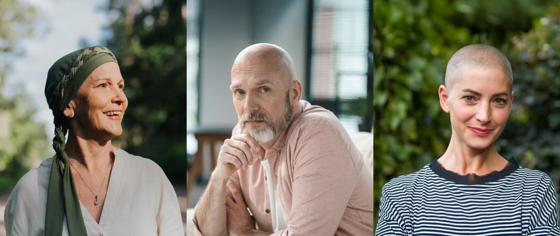 Zdjęcia trzech osób:
- Uśmiechnięta kobieta w chuście na głowie.
- Mężczyzna siedzący na kanapie, z troską i nadzieją w spojrzeniu.
- Młoda kobieta bez włosów, subtelnie uśmiechnięta, na tle zieleni.