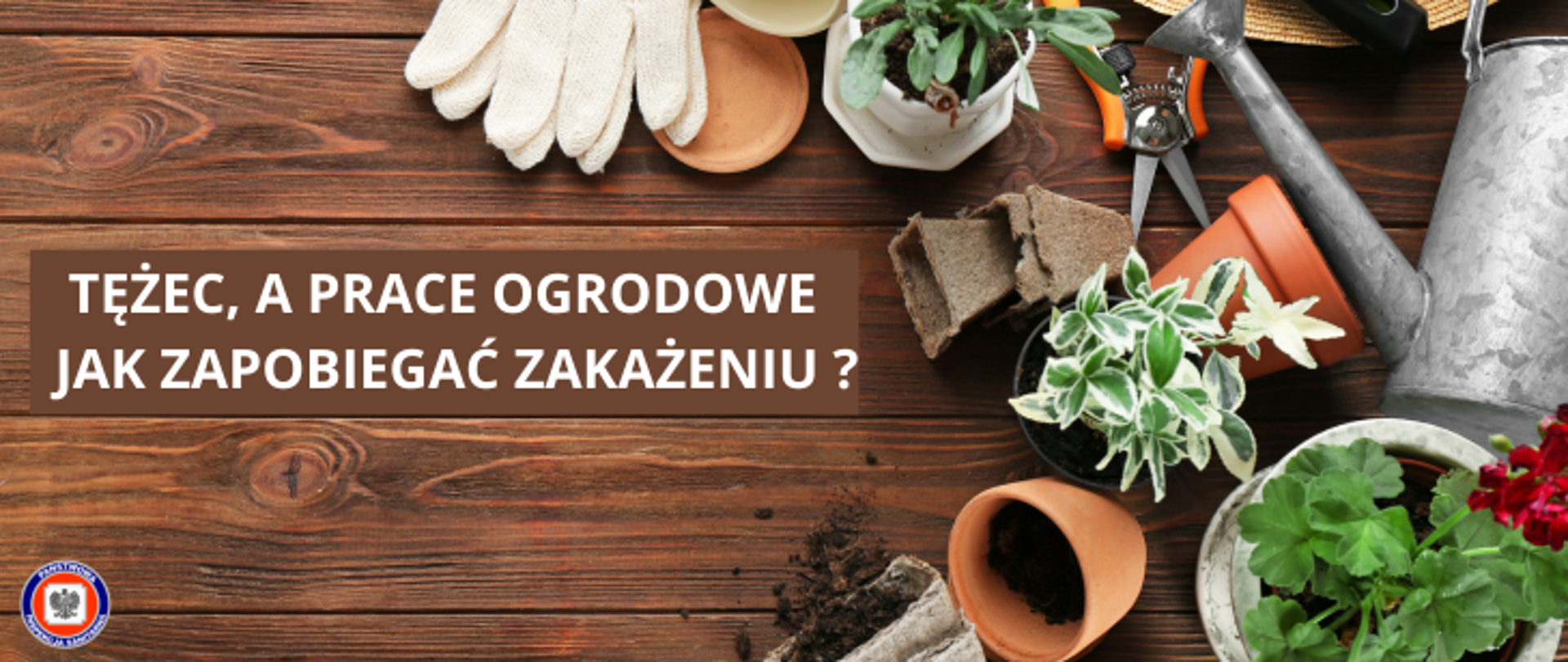 Fotografia przedstawia narzędzia wykorzystywane w ogrodzie takie jak konewka, sekator, rękawice, doniczki, kwiaty oraz rozsypaną ziemie. Przedmioty te znajdują się na drewnianym stole. Po lewej stronie widnieje biały napis na brązowym tle Tężec, a prace ogrodowe - Jak zapobiegać zakażeniu?. W lewym dolnym rogu znajduje się logo Inspekcji Sanitarnej. 