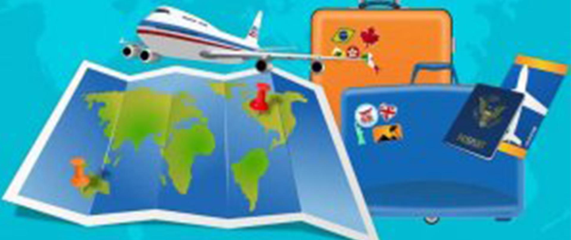 Grafika poglądowa na której znajdują się rysunki mapy, walizki, samolotu i dokumentów podróży