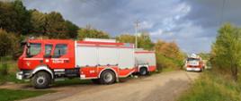 Zdjęcie wykonane w jesienny, słoneczny dzień. Na zdjęciu widoczne dwa pojazdy gaśnicze oraz podnośnik strażacki. Pojazdy stoją przy drodze biegnącej do miejsca zdarzenia