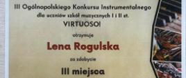 Dyplom Leny Rogulskiej za zdobycie III miejsca