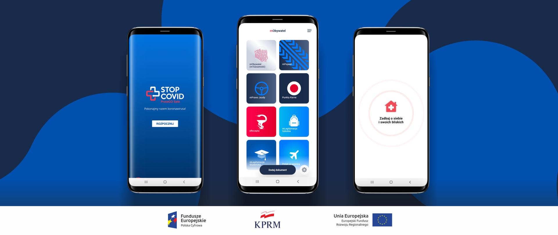 Trzy telefony komórkowe na granatowym tle. Na pierwszym z lewej wyświetla się ekran startowy aplikacji STOP COVID ProteGo Safe, na środkowym - aplikacji mObywatel, na pierwszym z prawej - aplikacji Kwarantanna domowa.