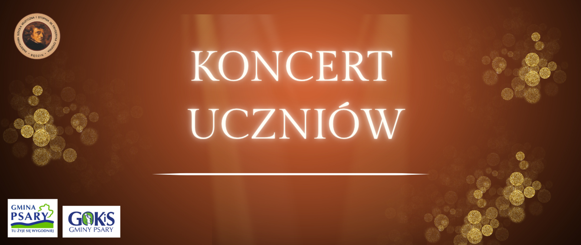 baner na brązowym tle, na środku napis, po lewej loga 