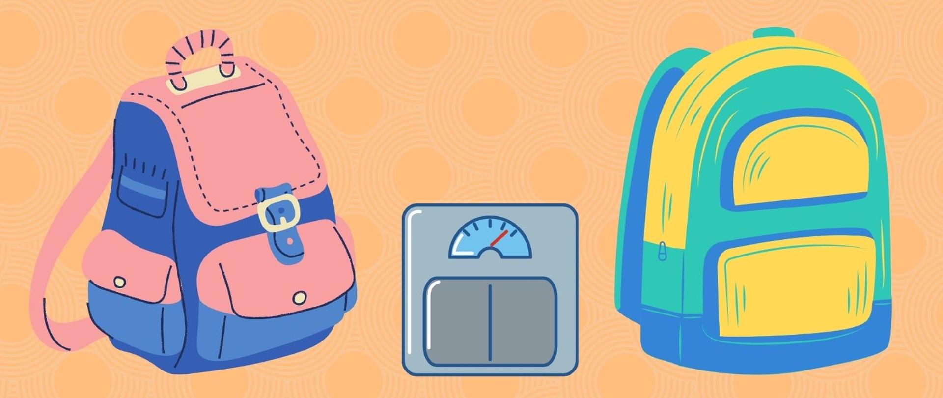 Zdjęcie przedstawia dwa tornistry a pośrodku nich wagę, aby zważyć ich ciężar.