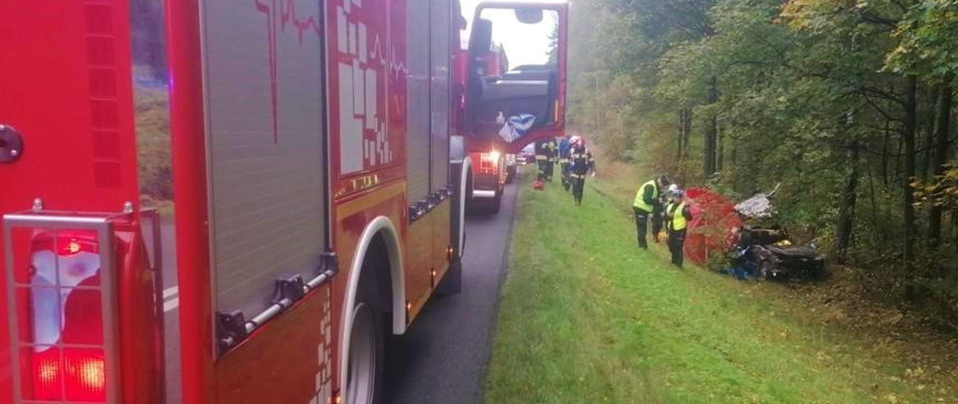 Zdjęcie przedstawia strażaków zabezpieczających wypadek samochodu osobowego.
W tle przydrożny rów i las.
