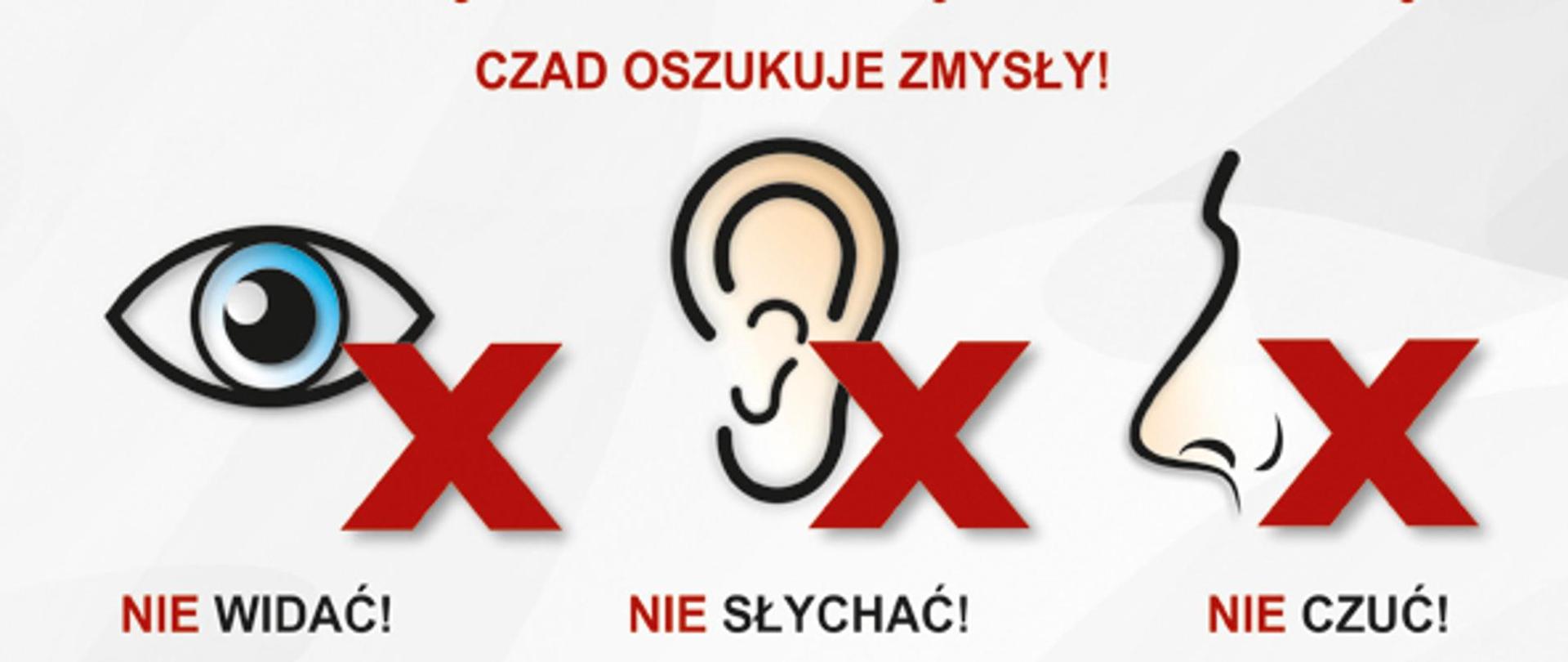 Grafika opisująca działanie tlenku węgla (nie widać, nie słychać, nie czuć). 