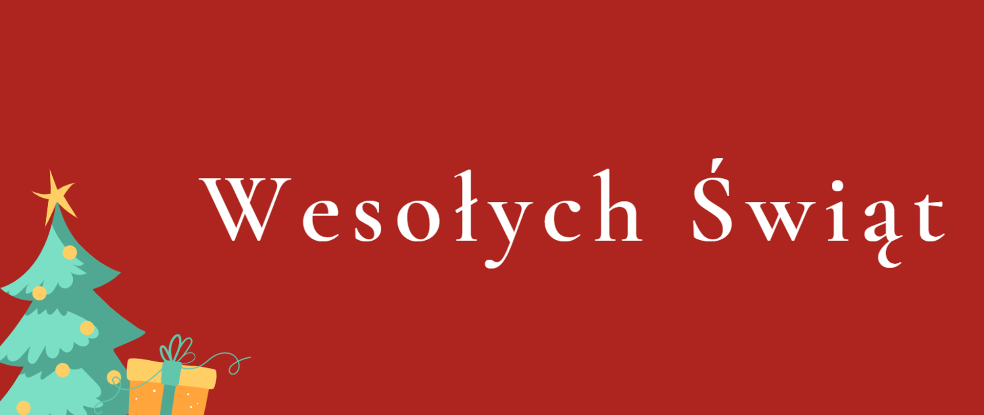 Biały napis na czerwonym tle o treści Wesołych Świąt. W lewym dolnym rogu rysunek zielonej choinki z sześcioma żółtymi bombkami. Na górze choinki żółta gwiazda. Po prawej stronie choinki rysunek prezentu . 