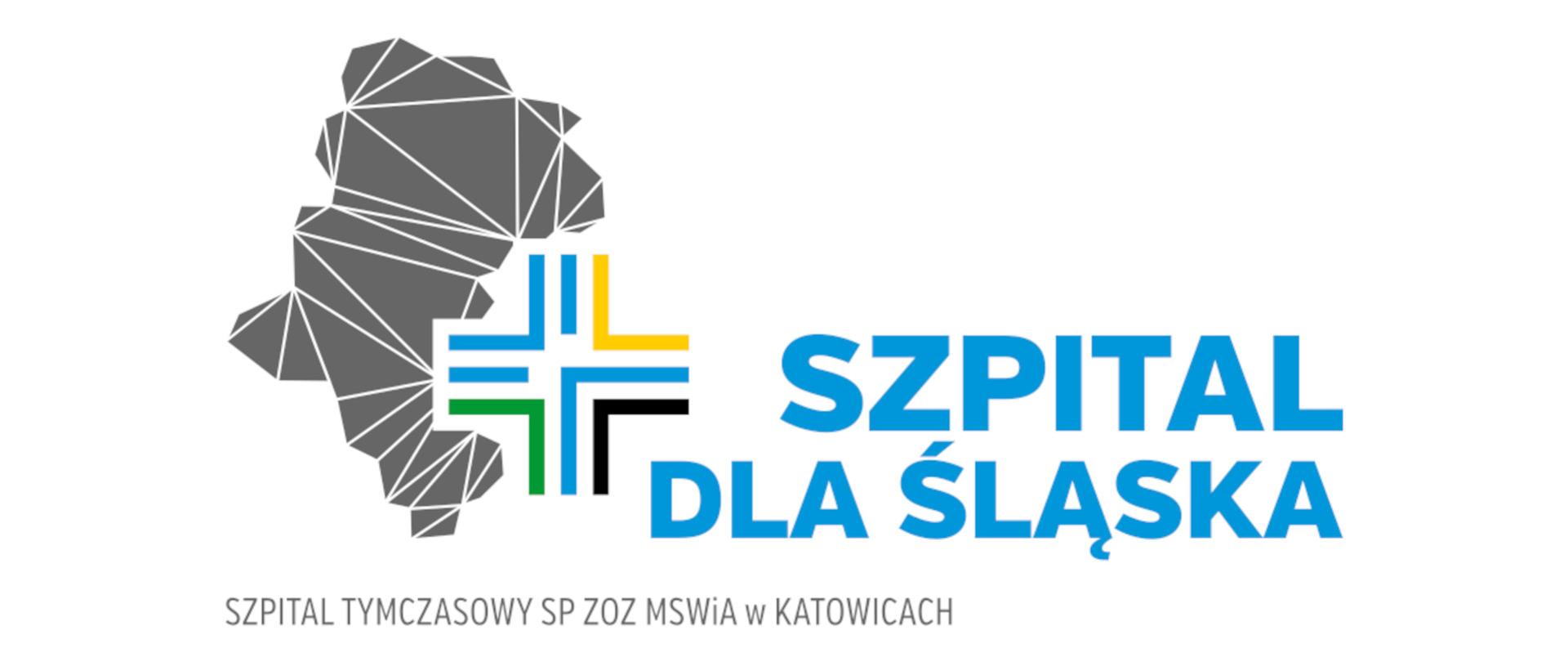 Ilustracja przedstawia na biały tle, od lewej logo szpitala tymczasowego SP ZOZ MSWiA w Katowicach. Po prawej stronie niebieski napis szpital dla śląska. Pod spodem napis o treści szpital tymczasowy SP ZOZ MSWiA w Katowicach