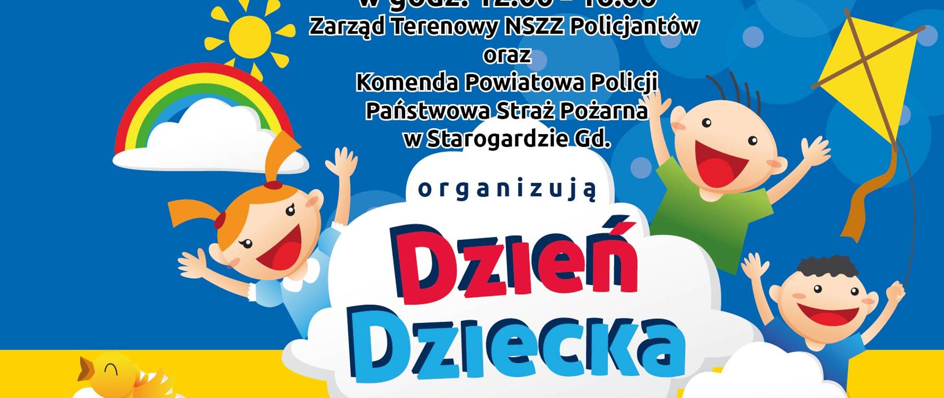 Plakat z zaproszeniem na obchody Dnia Dziecka, organizowany przez policjantów i strażaków w dniu 4 czerwca 2023