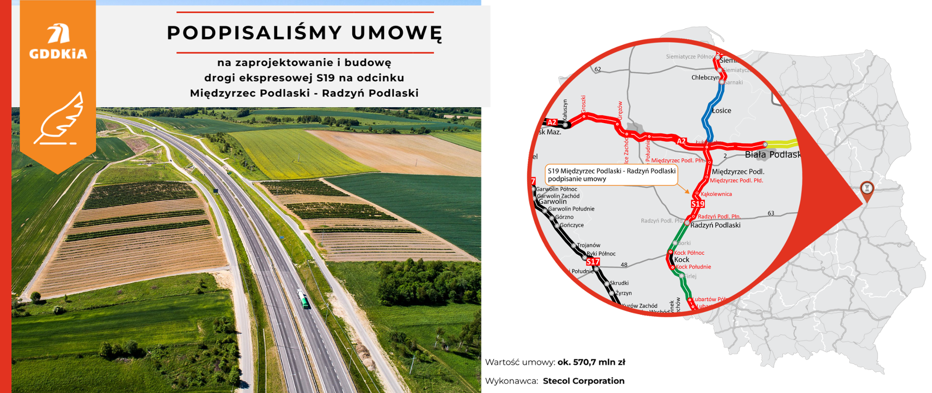 Mapa informująca o podpisaniu umowy na zaprojektowanie i budowę drogi ekspresowej S19 na odcinku Międzyrzec Podlaski - Radzyń Podlaski