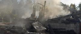 Zdjęcia powyżej przedstawiają zgliszcza spalonego budynku mieszkalnego. Pod zgliszczami widoczna podmurówka budynku, wykonana z białek cegły. Na tle zgliszczy w oddali widoczny las iglasty. 