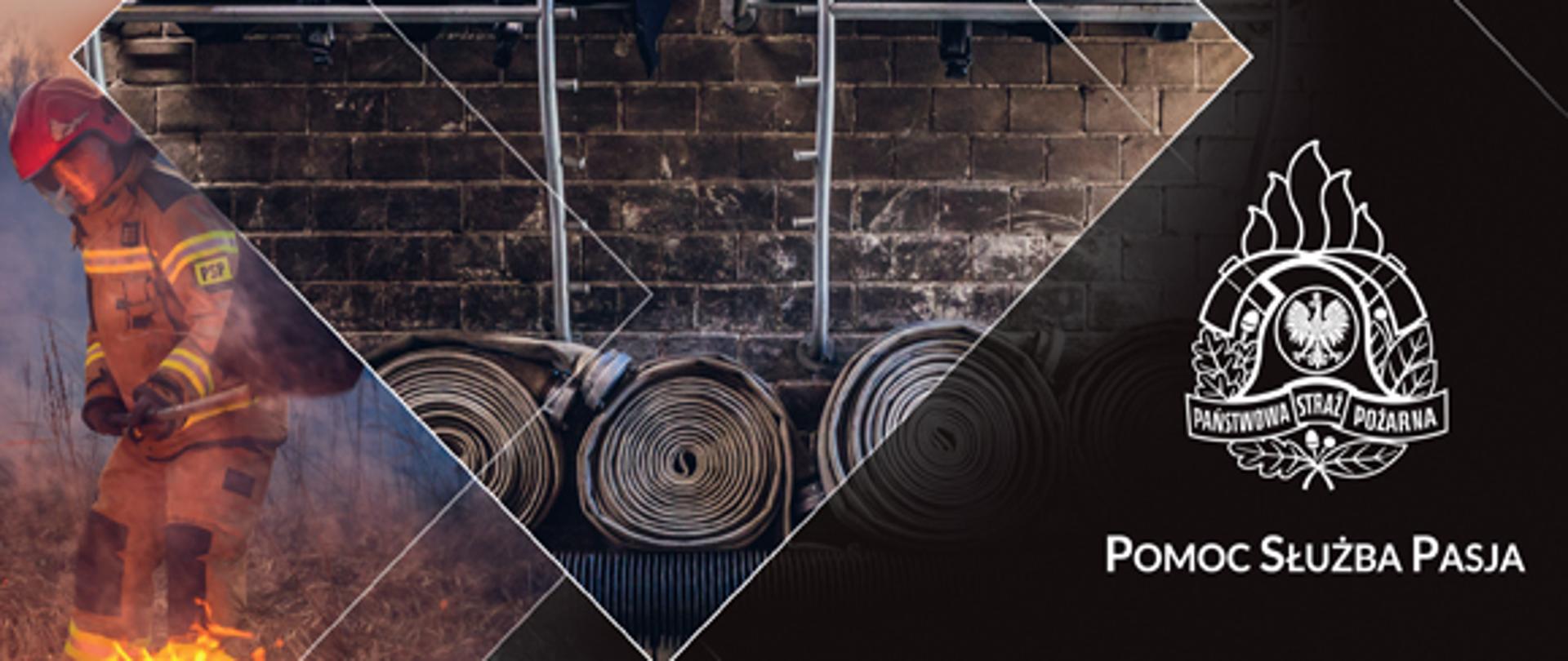 Na zdjęciu znajduje się front kalendarza plakatowego Komendy Głównej PSP na rok 2021. Czarne tło. U góry kolarz zdjęć: dwie półki z hełmami oraz strażaka gaszącego ogień. Obok białe logo PSP, pod nim napis: Pomoc, Służba, Pasja. Pod nimi napis: 2021.
Poniżej znajduje się kalendarz roku 2021 oraz numery alarmowe: 998 i 112.