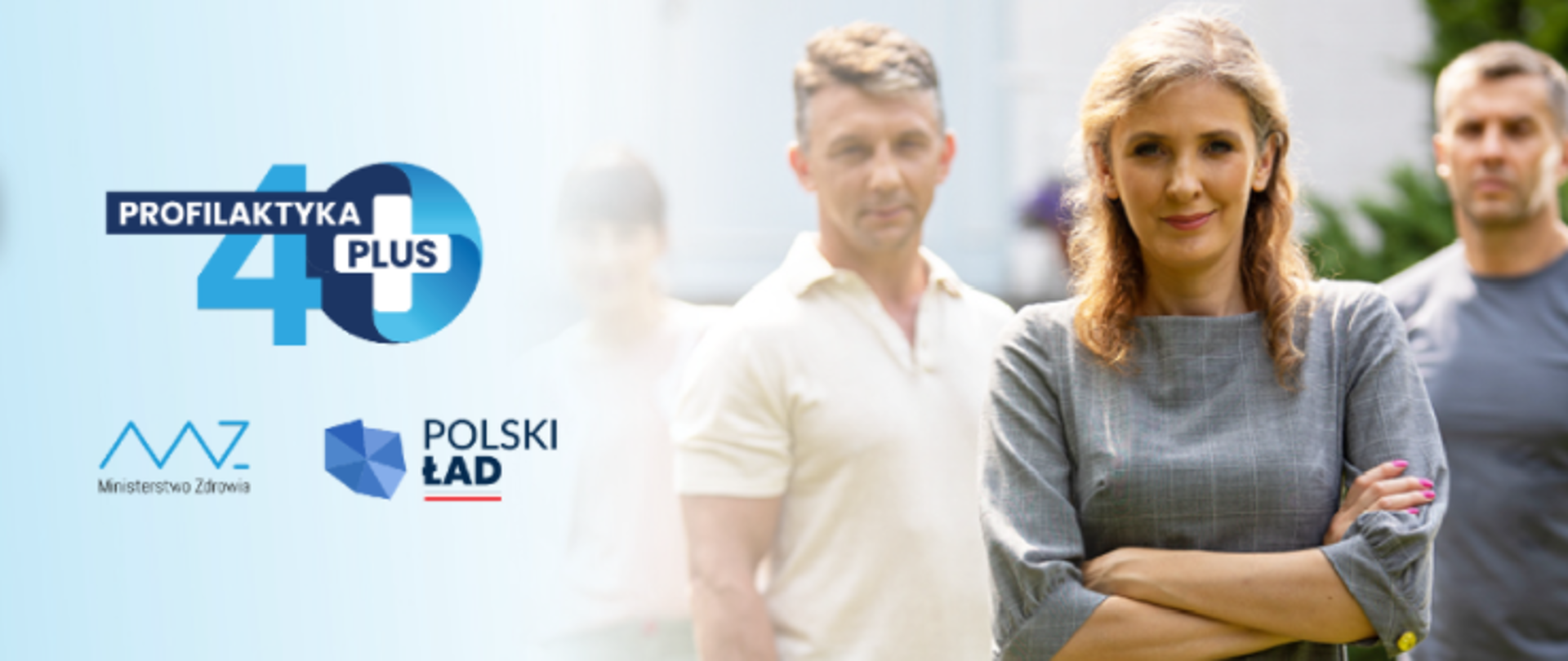 Po prawej stronie widnieją 4 osoby 2 Panie i 2 Panów po lewej znajduje się niebieska grafika " Profilaktyka 40 plus".